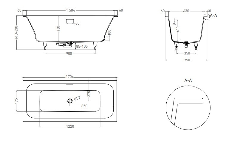 Ванна из искусственного камня Salini Orlanda Axis Kit 170х75 S-Sense 103313G