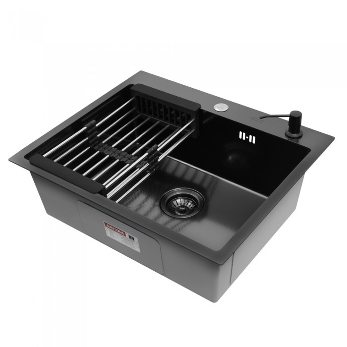 Мойка кухонная ARFEKA ECO AR 600*500 с коландером и дозатором BLACK DECOR VOLCANIC ROCK